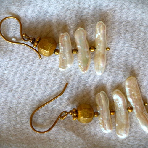 Gold Earrings Raw Pearls with 22K Gold Plated Clasp New