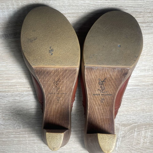 Yves Saint Laurent brown leather wooden platform mules used