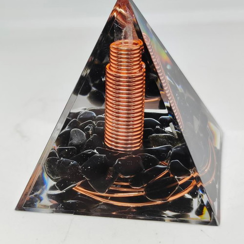 Orgonite pyramid with black obsidian and copper like new