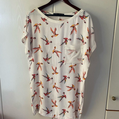 Zara straight dress like new, white with parrots