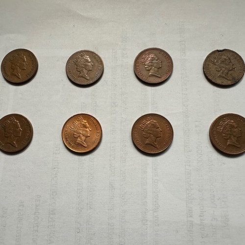 One penny coins used, pack of 8, Great Britain