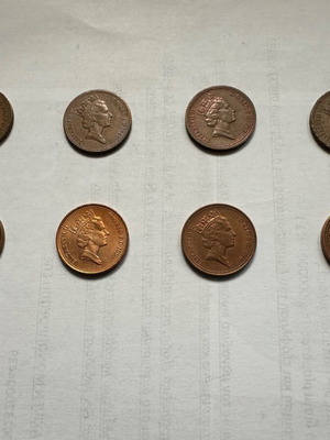 One penny coins used, pack of 8, Great Britain