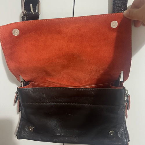 Francesco Biasia leather shoulder bag used, vintage Y2K, brown and orange suede interior