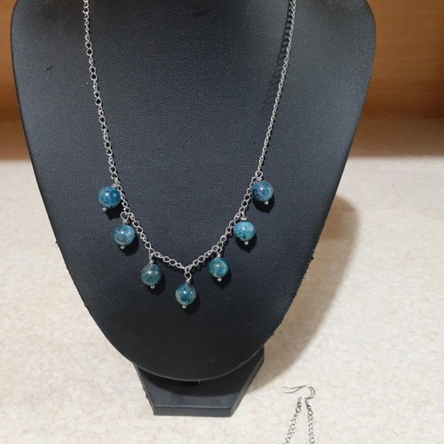 Necklace and earrings set with apatite in steel, 50 cm length, new