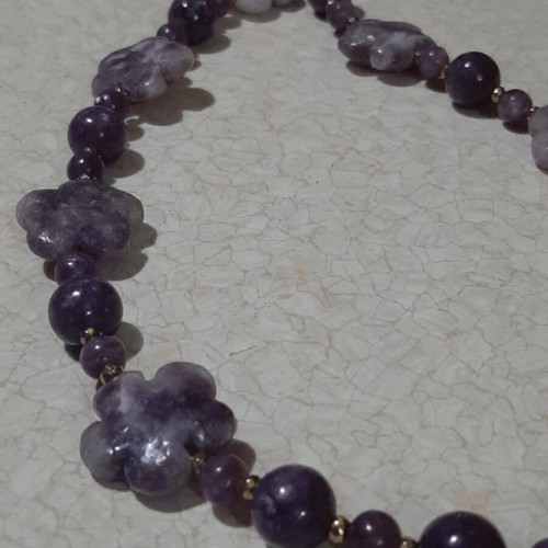 Necklace with rare lepidolite shaped as flowers and round stones, silver 925