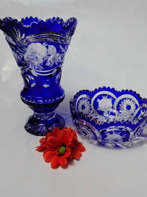 Lausitzer vase and Arnstand Bleikristall cobalt blue bowl Germany 60s new