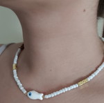 Handmade white necklace with ceramic fish and semi-precious stones