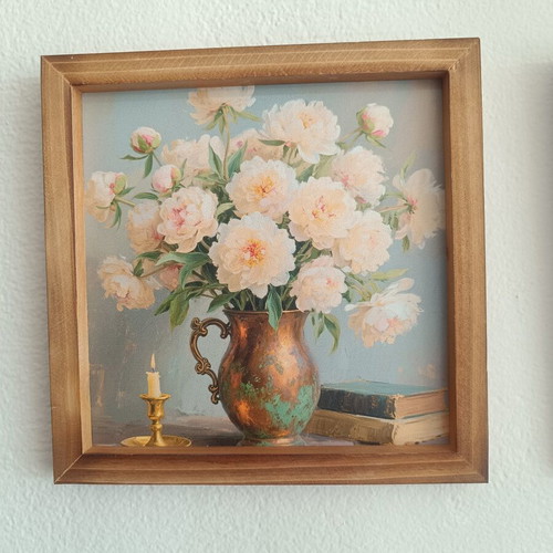 Decorative painting with wooden frame, peonies vase theme, like new