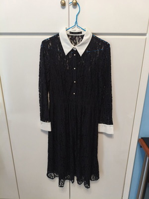 Zara midi black lace dress with white cuffs and pearl buttons used