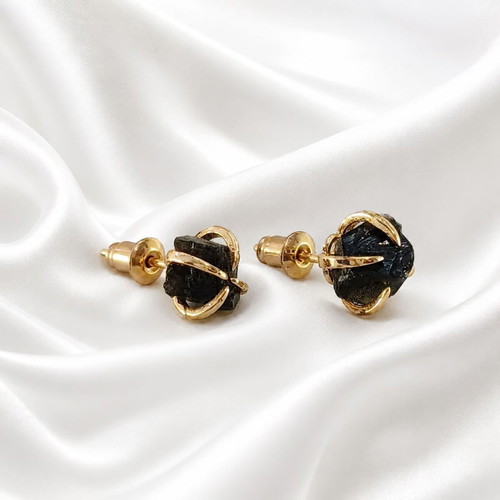 Handmade earrings gold-plated brass and raw obsidian, new
