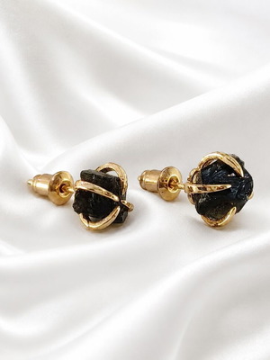 Handmade earrings gold-plated brass and raw obsidian, new