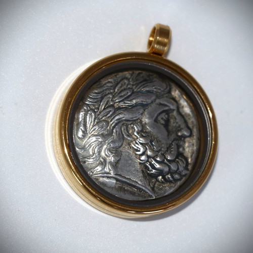 Pendant with ancient silver-plated coin - replica - Amphipolis - Philip, glass case 22K gold-plated