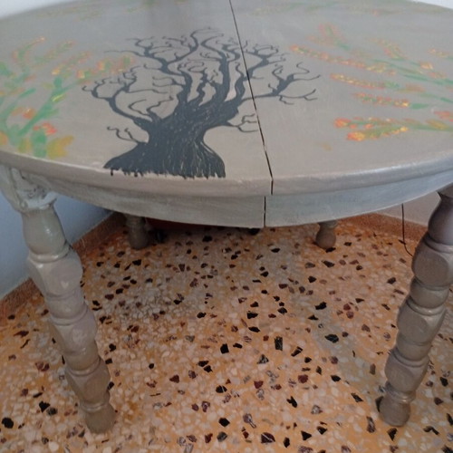 Round table with painted design, chalk paint