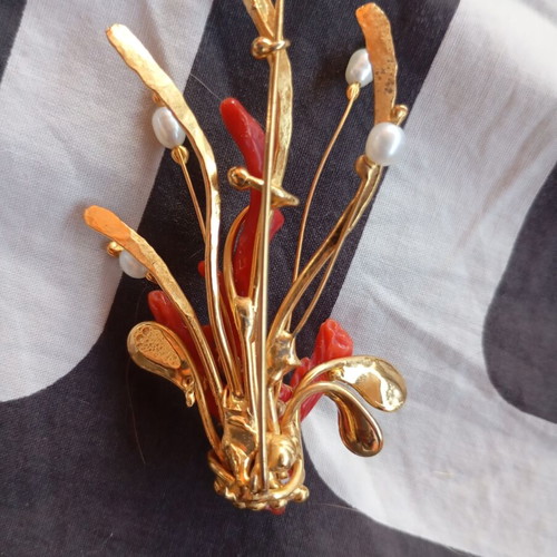 Swoboda Vintage Brooch with Natural Coral and Pearls like new