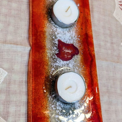 Handmade fused glass rectangular tray with candle holders