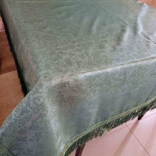 Vintage large petrol tablecloth with fringes and floral pattern used