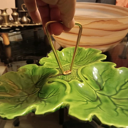 Vintage glass fondant dish with three leaves, like new, green