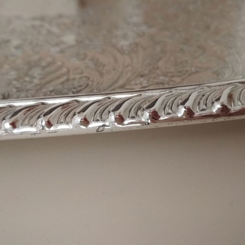 Serving tray used, stainless steel vintage with embossed design 39x28.5 cm