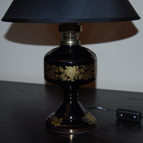 Handmade vintage black ceramic oil lamp portatif with gold designs