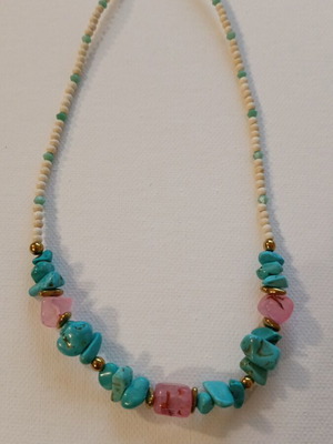 Necklace 55596 new, handmade, pink and turquoise