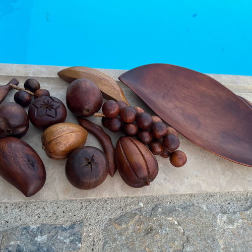 Vintage handmade wooden decorative set with wooden fruits