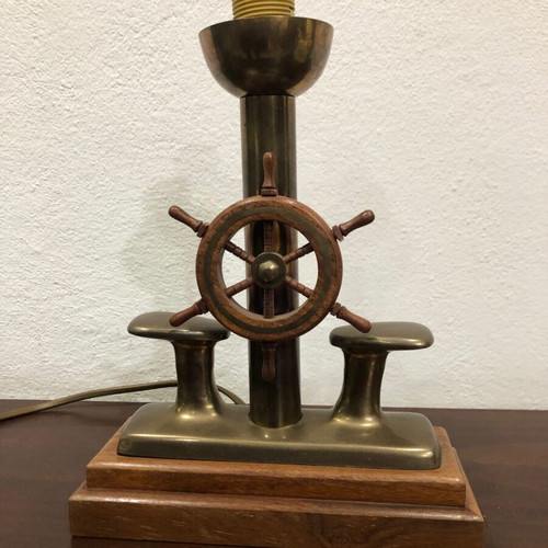 Table lamp new, wood with brass and nautical decorative helm