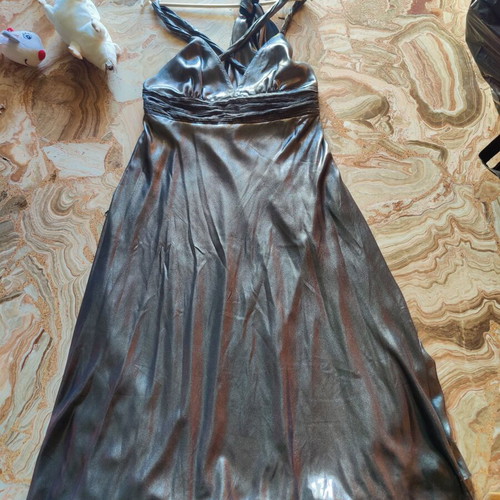 Silver formal dress with neck tie scarf, size M