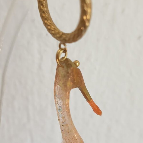 Handmade high heel shoe earrings on hoops, steel and resin, orange and gold