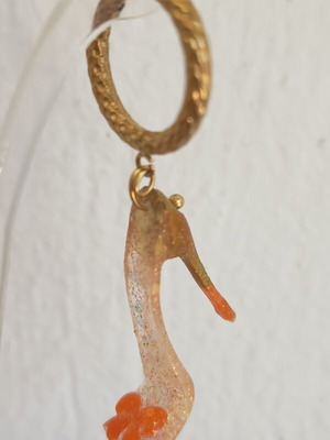 Handmade high heel shoe earrings on hoops, steel and resin, orange and gold