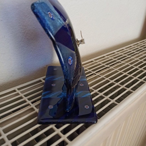 Venetian table clock used, blown glass blue with flowers