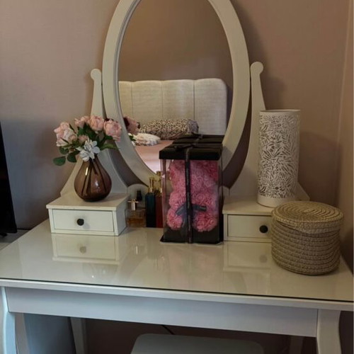 Bedroom boudoir vanity set with mirror and stool, white wood
