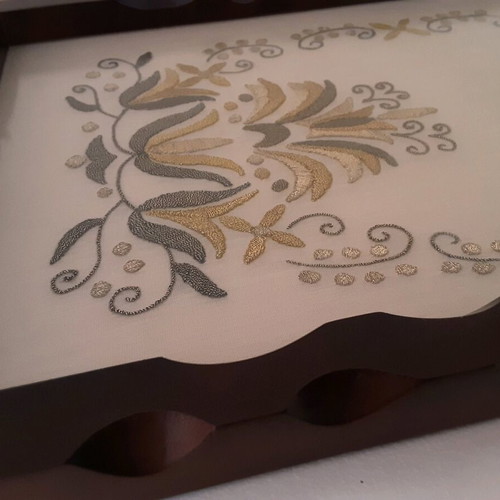 Wooden tray with handmade embroidery used, vintage