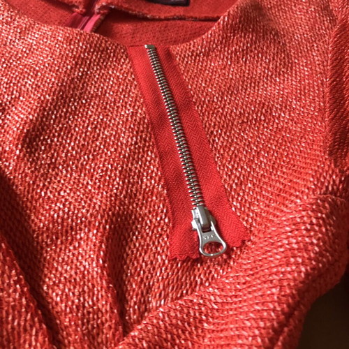Boutique red boucle dress with asymmetric zipper and drapery, size M