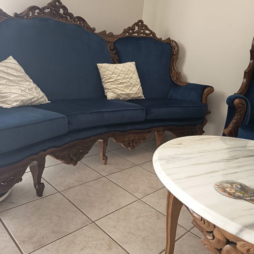 Handmade Victorian-style living room set, six pieces, blue velvet