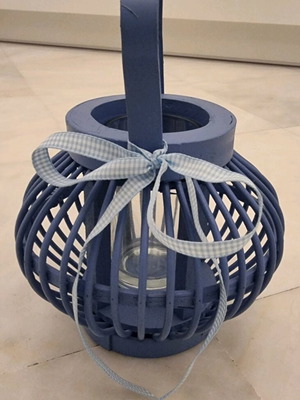 Bamboo decorative lantern like new, blue with glass holder