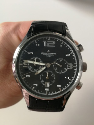 Jacques Lemans wristwatch new, leather strap, chronograph, black