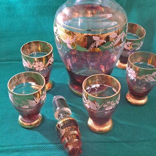 Antique crystal wine set with gold and burgundy decoration, 5 glasses