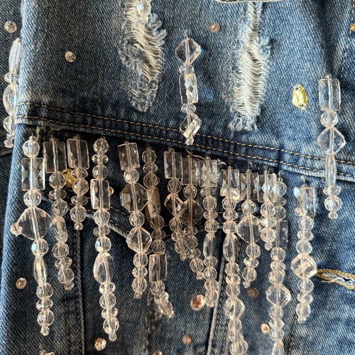Rococo Crystal Denim Jacket new, oversized with ripped details