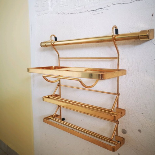 Gold metal kitchen rack like new with 3 holders for paper and foil