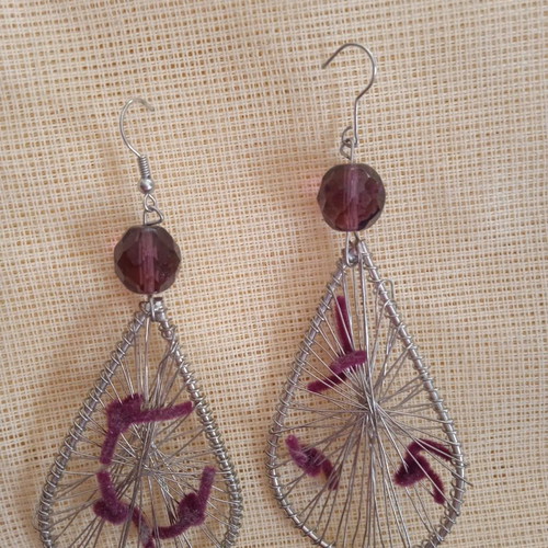 Handmade earrings used with wire and amethyst-colored bead