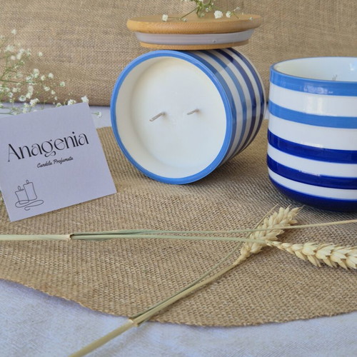 Soy Wax Candle in Striped Jar with Wooden Lid handmade, 360g