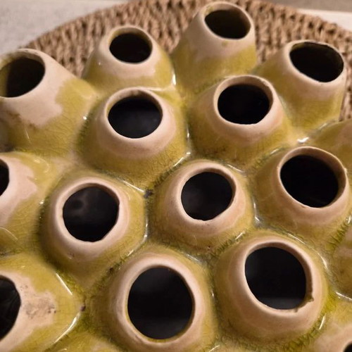 Ceramic flower holder with 18 openings, yellow-green