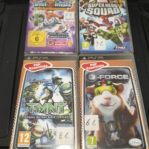PSP games used including Invizimals, Marvel Super Hero Squad, G-Force, TMNT