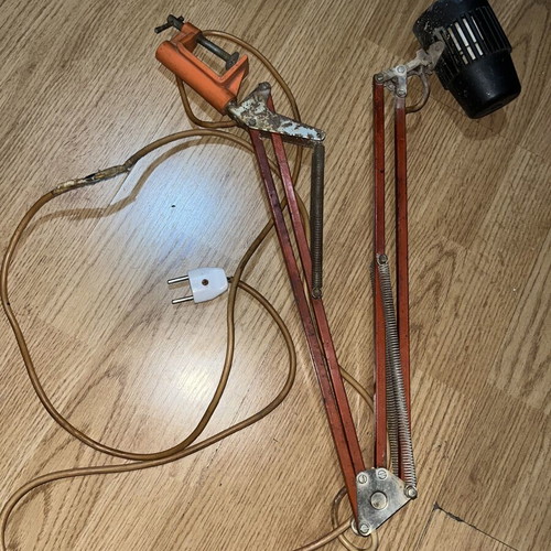 Vintage orange desk lamp with clamp, used, 1950-70s