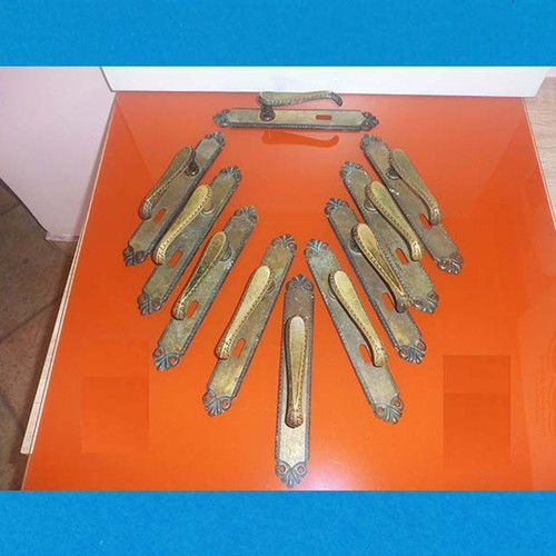 Metal door handles with antique decorative elements, set of 10 used