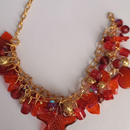Summer bracelet with red charms, gold, handmade