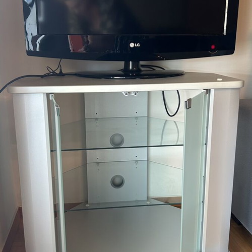 TV cabinet with LG TV, white, glass doors and shelves