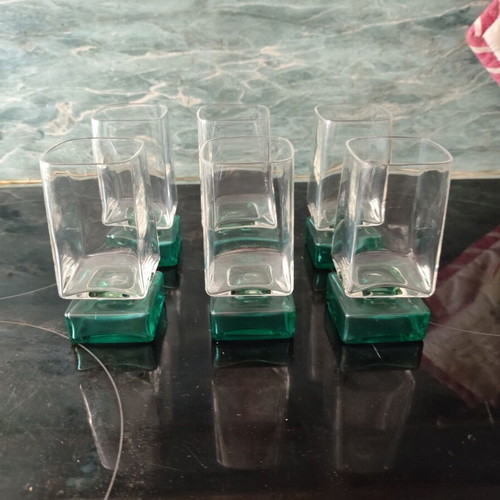 Vintage shot glass set of 6 with green base, Mid-Century Modern