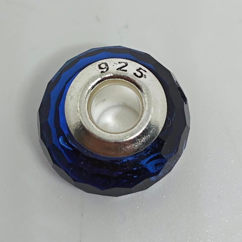 Murano glass charm bead with 925 silver ring in blue, like new