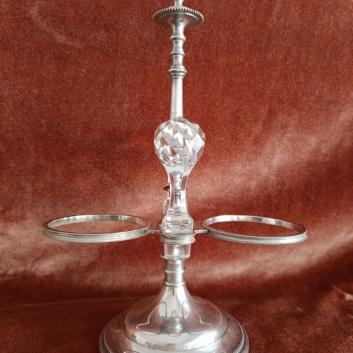 Vintage silver-plated oil and vinegar cruet set with crystal, like new